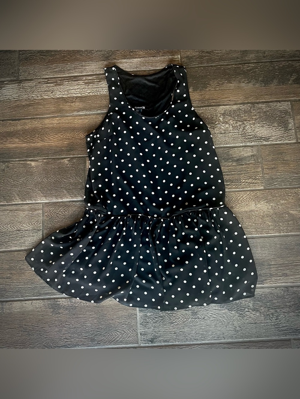 Forever 21 white polka dots on a black background drop waist dress L